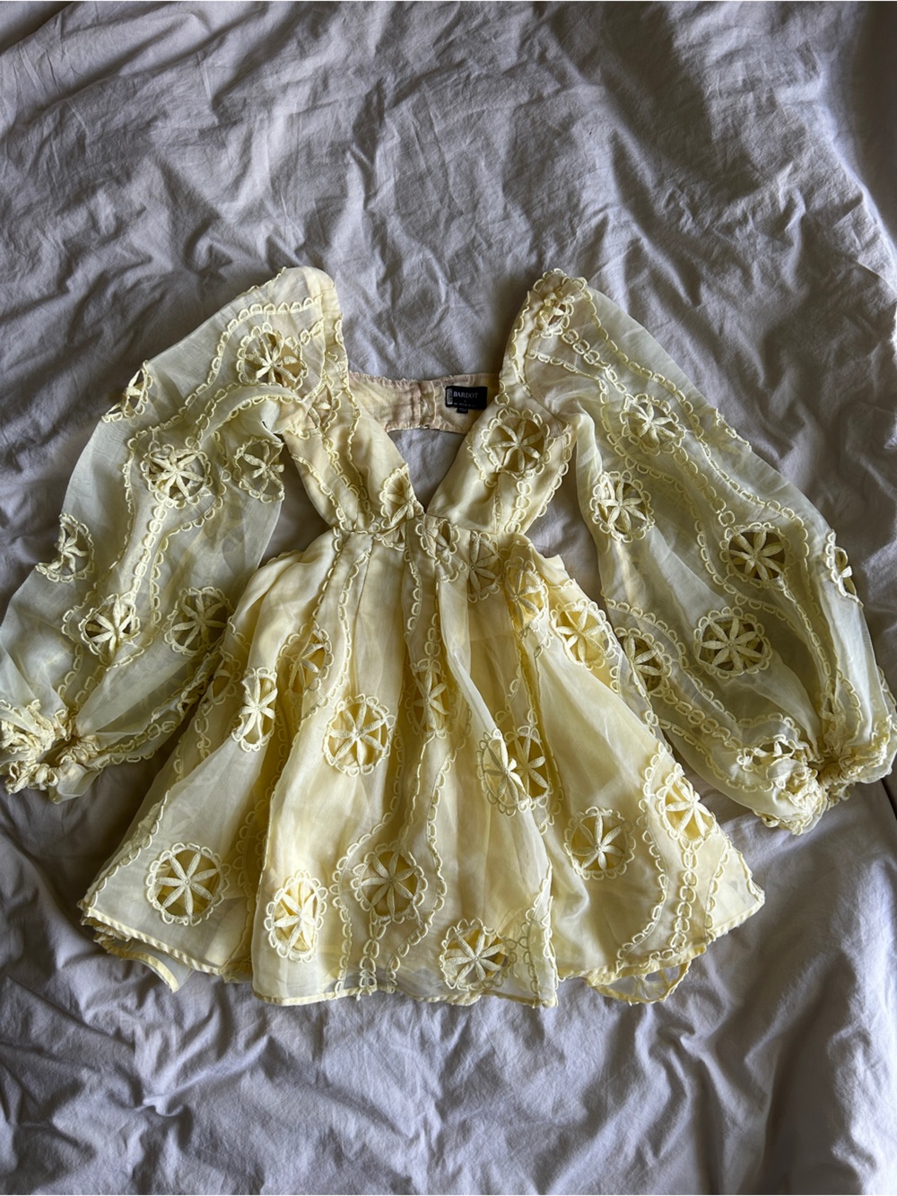 Bardot Pale Yellow Embroidered Sheer Mini Dress